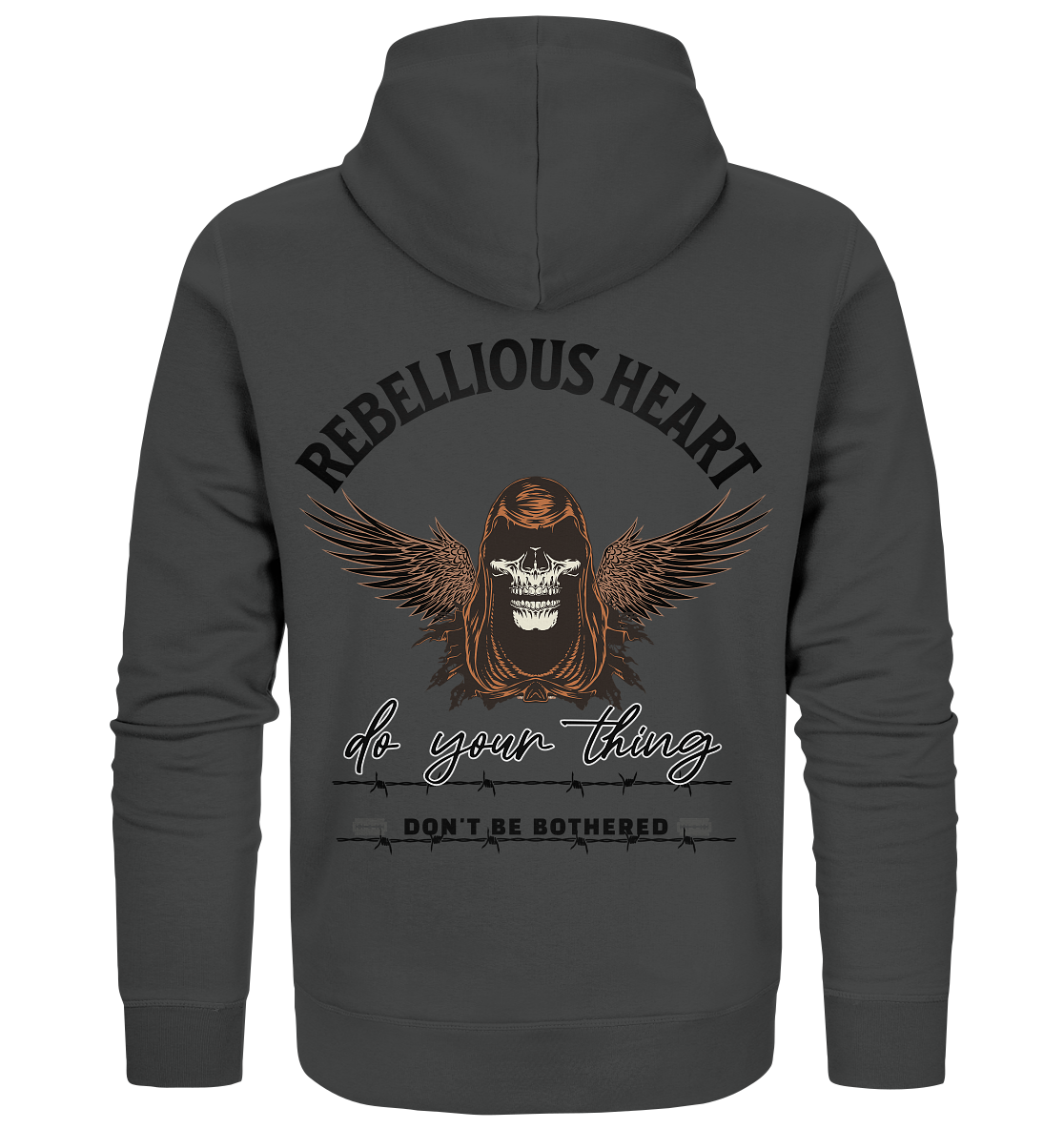 Organic Zipper Rückansicht: Großer Skull-Print mit Flügeln und "Don't be bothered" Spruch.