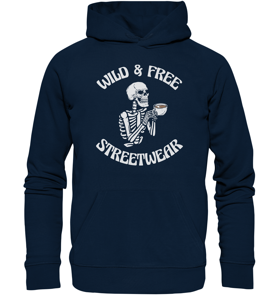 Nachhaltiger Organic Hoodie in Dunkelblau mit dem Coffeelover Skeleton Design.