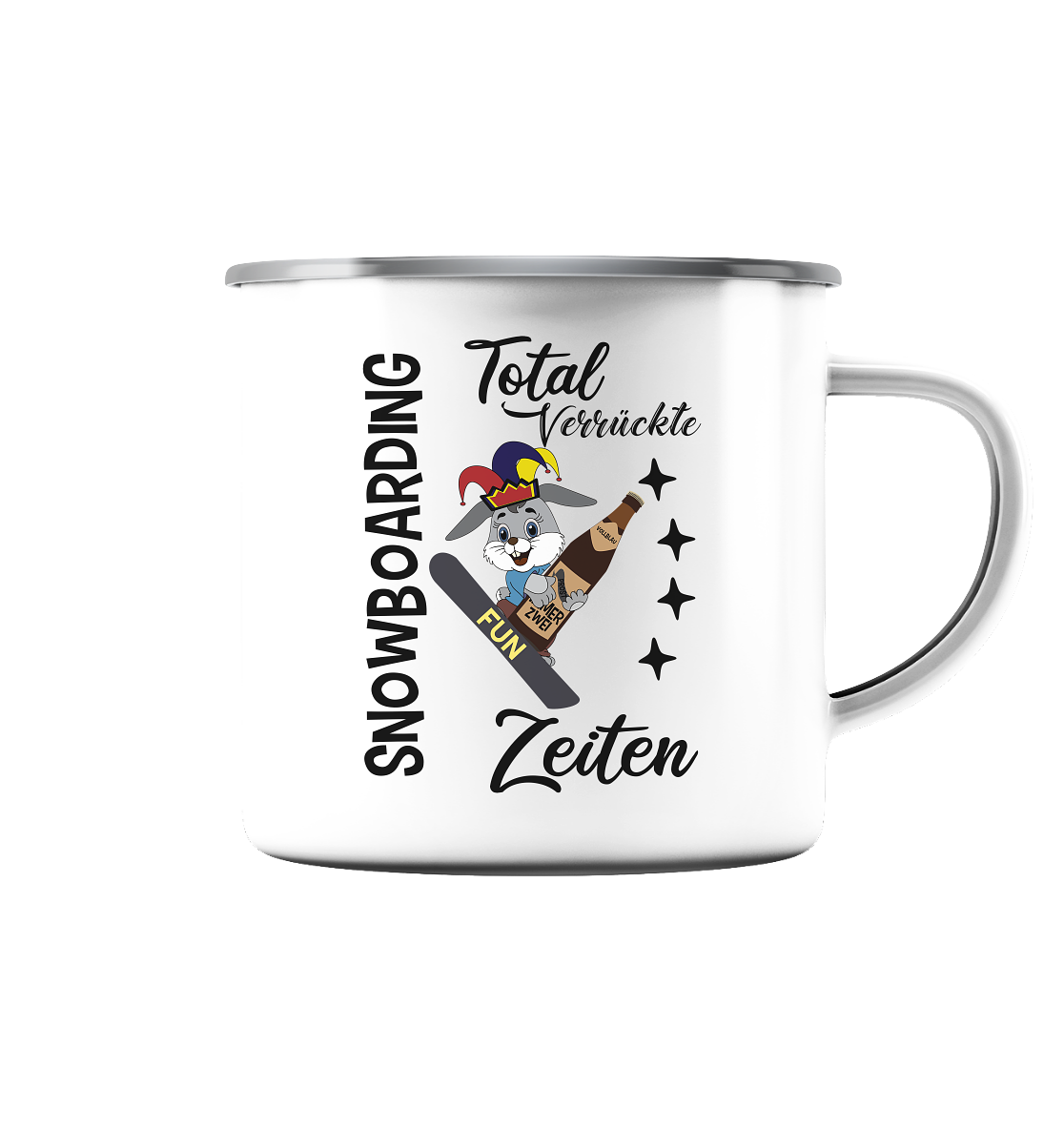 Snowboarding,verrückte Zeiten, Osterhase mit Bierflasche, Faschingsmütze - Emaille Tasse (Silber)