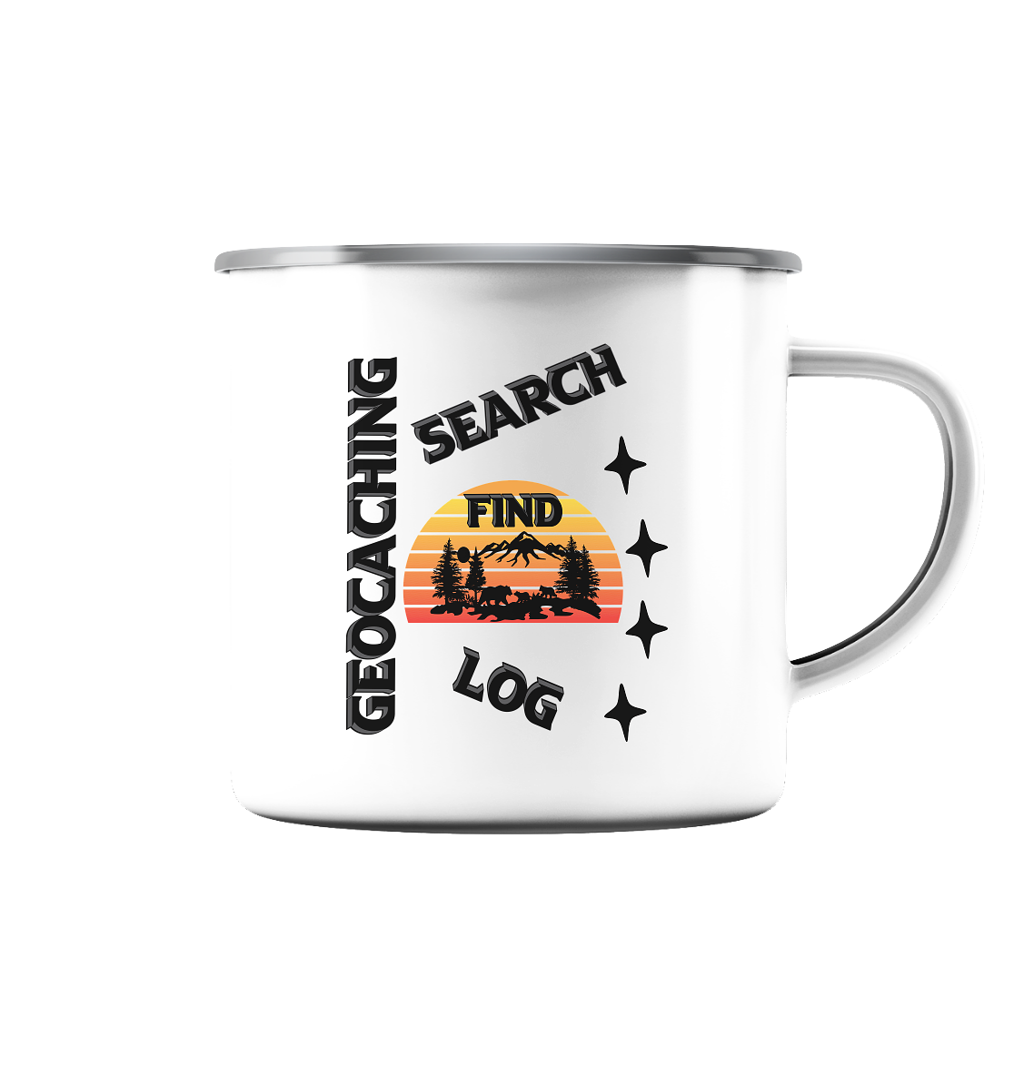 Geocaching, Suchen, Finden und Log, Geocache Schwarzes Design - Emaille Tasse (Silber)