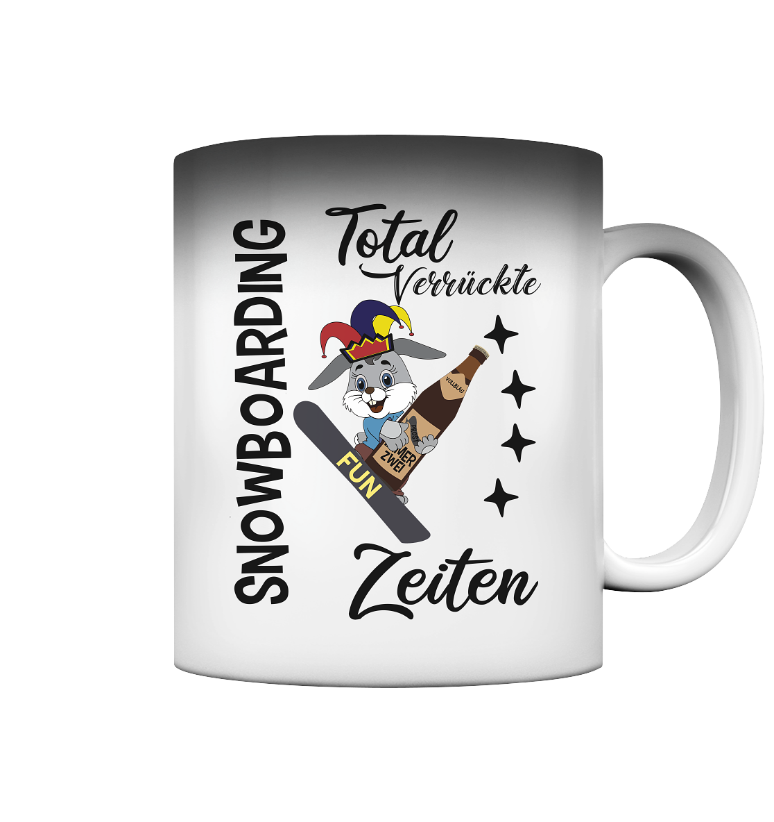 Snowboarding,verrückte Zeiten, Osterhase mit Bierflasche, Faschingsmütze - Magic Mug