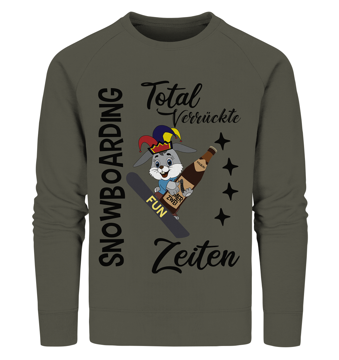 Snowboarding,verrückte Zeiten, Osterhase mit Bierflasche, Faschingsmütze - Organic Sweatshirt