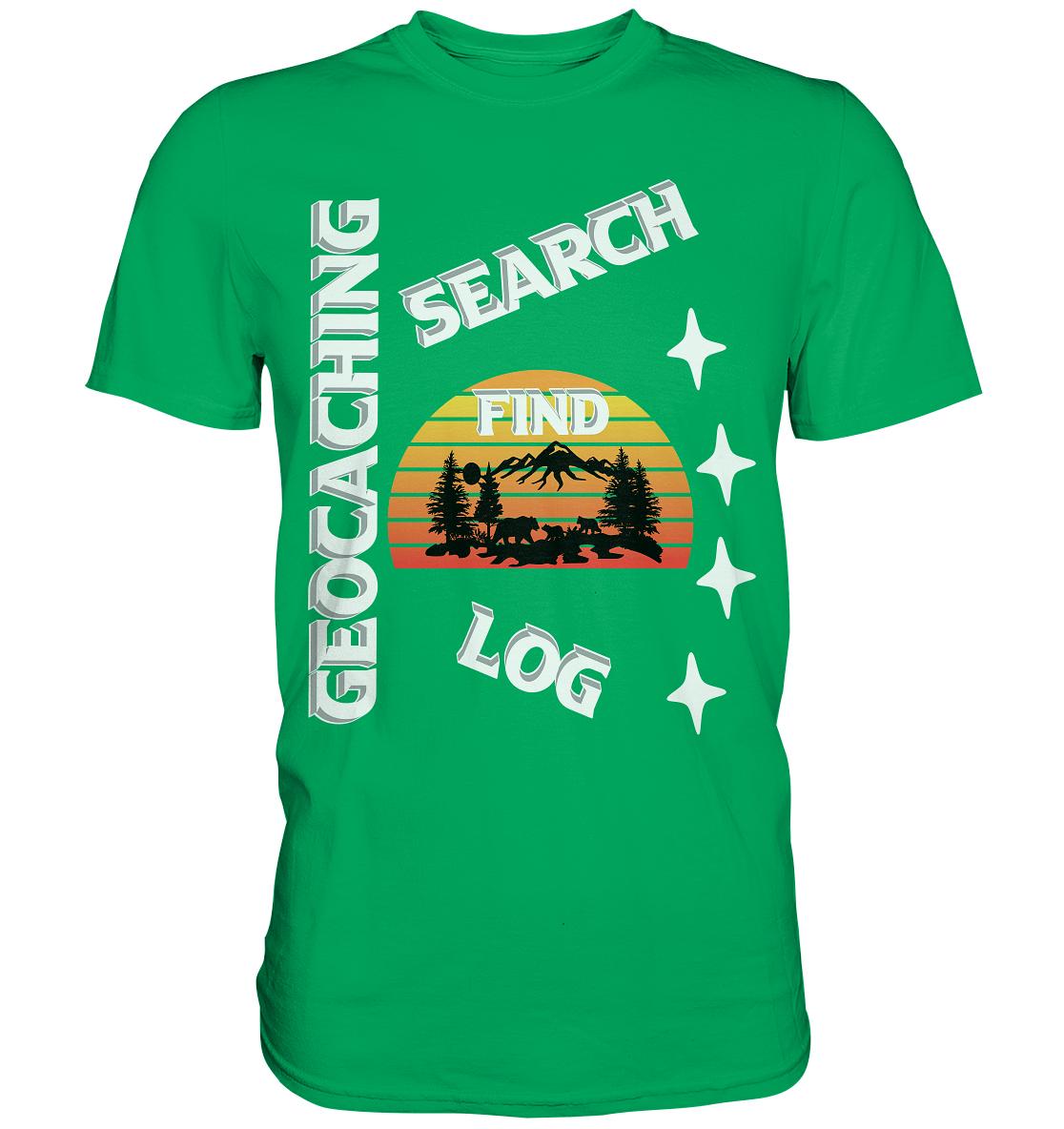 Geocaching-SEARCH-FIND-LOG, Cache Helles Design, Mounten - Premium Shirt