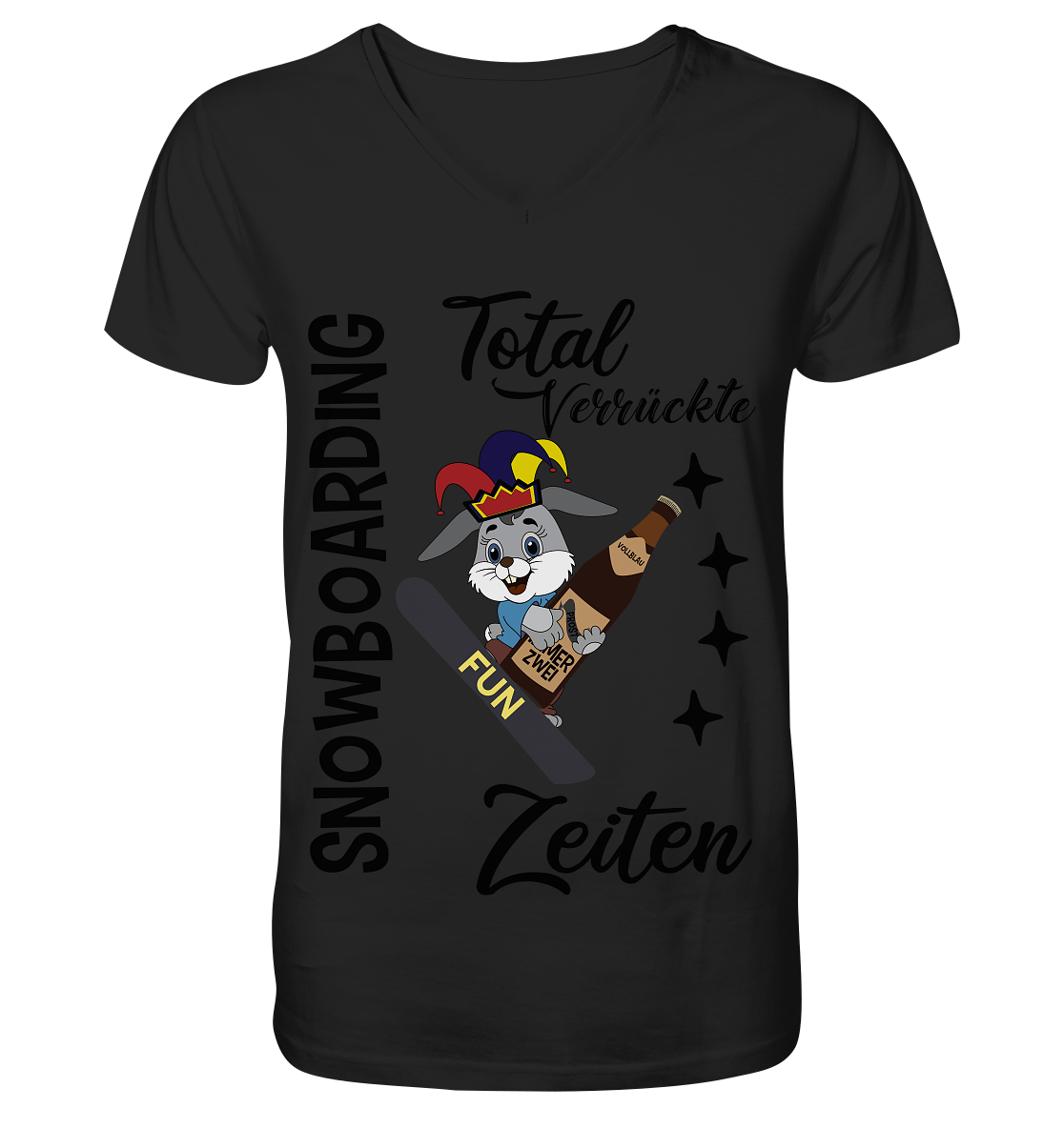 Snowboarding,verrückte Zeiten, Osterhase mit Bierflasche, Faschingsmütze - V-Neck Shirt