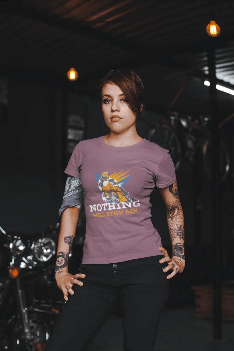 Action Biker Design T-Shirt Motorrad in Schräglage mit Spruch Nothing will stop me
