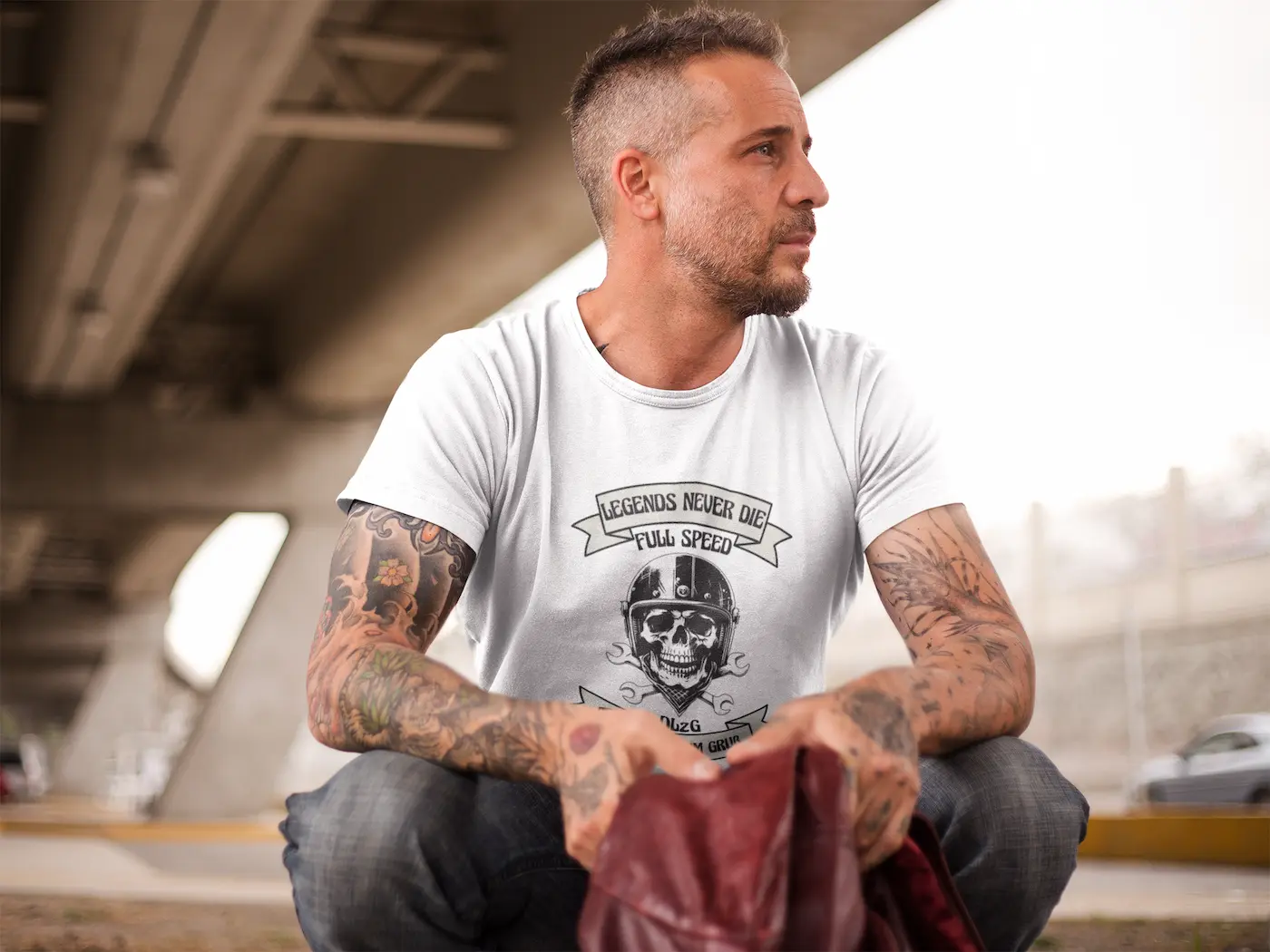Biker  weißes T-Shirt Full Speed Edition mit Motorrad Totenkopf Design und Die Linke zum Gruß
