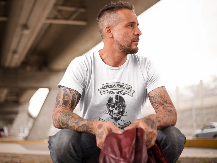 Biker  weißes T-Shirt Full Speed Edition mit Motorrad Totenkopf Design und Die Linke zum Gruß