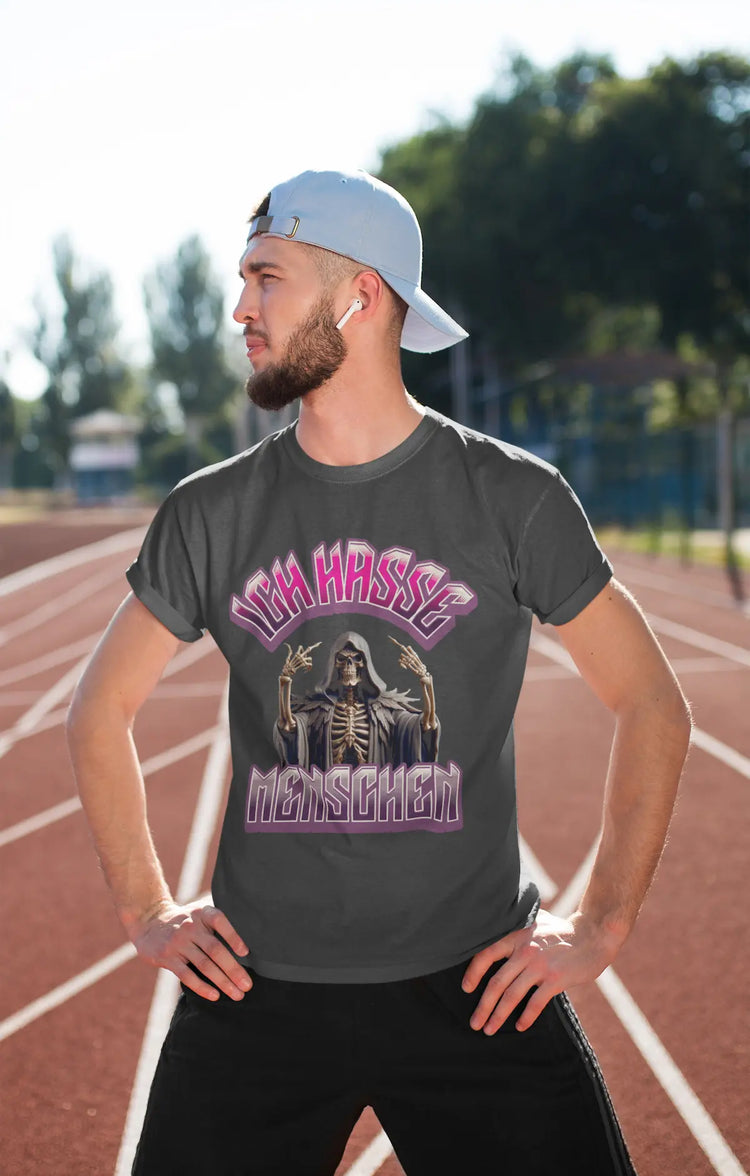 Dunkles Shirt mit zweifarbiger Schrift Ich hasse Menschen Skelett in Kutte Grafik