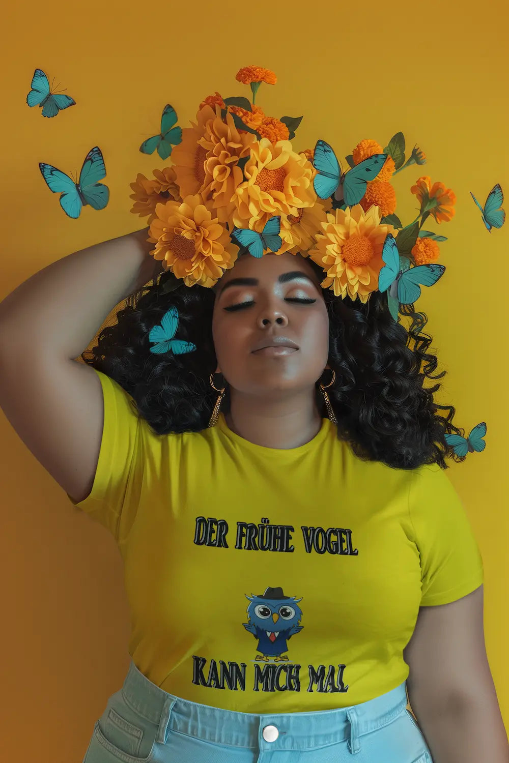 Gelbes Organic Shirt mit schwarzem Aufdruck Der frühe Vogel kann mich mal