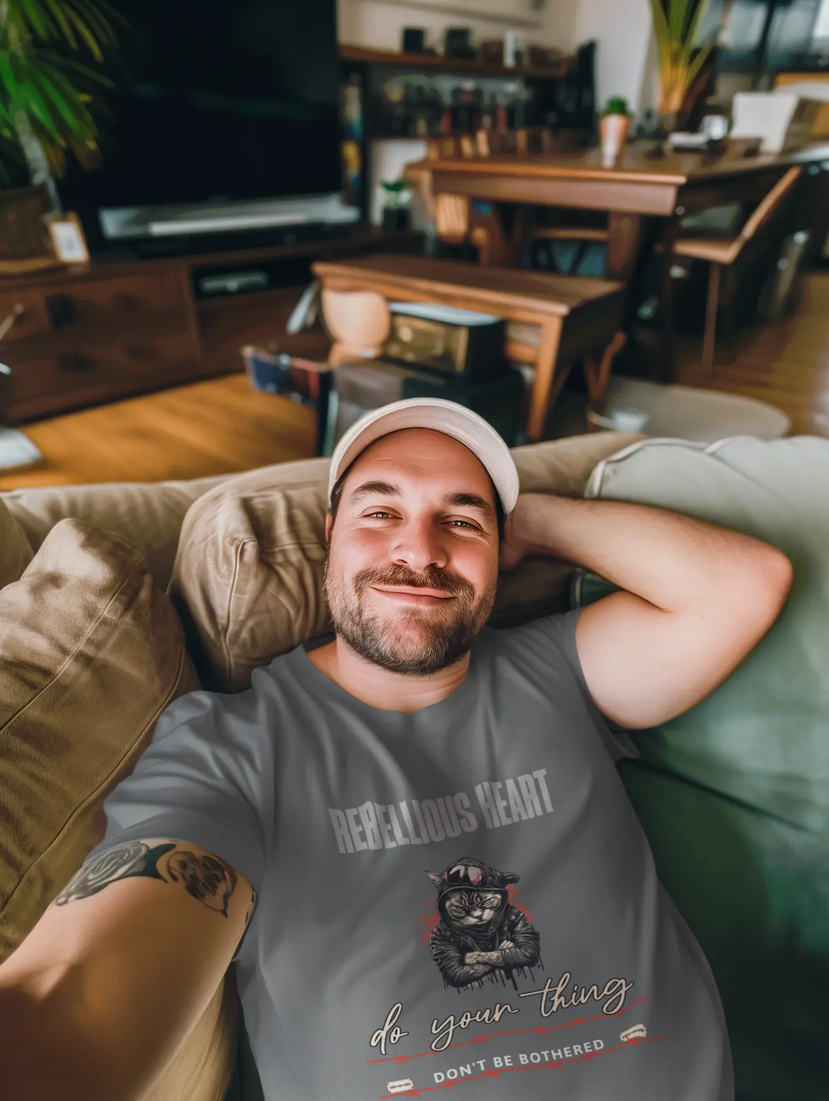 Lässiger Mann im grauen Organic Oversized Shirt liegt entspannt auf der Couch. Zeigt den coolen Kater-Print mit verschränkten Armen und rotem Stacheldraht. Streetstyle-Foto.