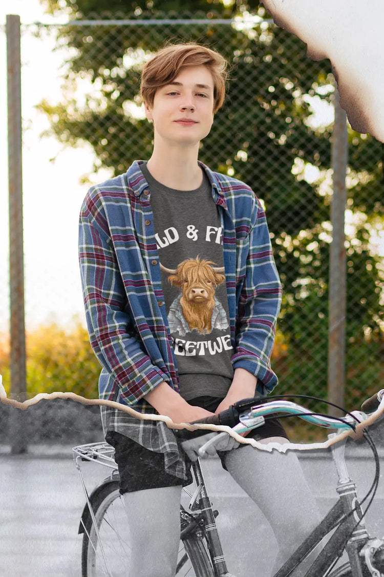 Meliertes Organic T-Shirt mit Highland-Kuh im rot-schwarz karierten Holzfällerhemd.