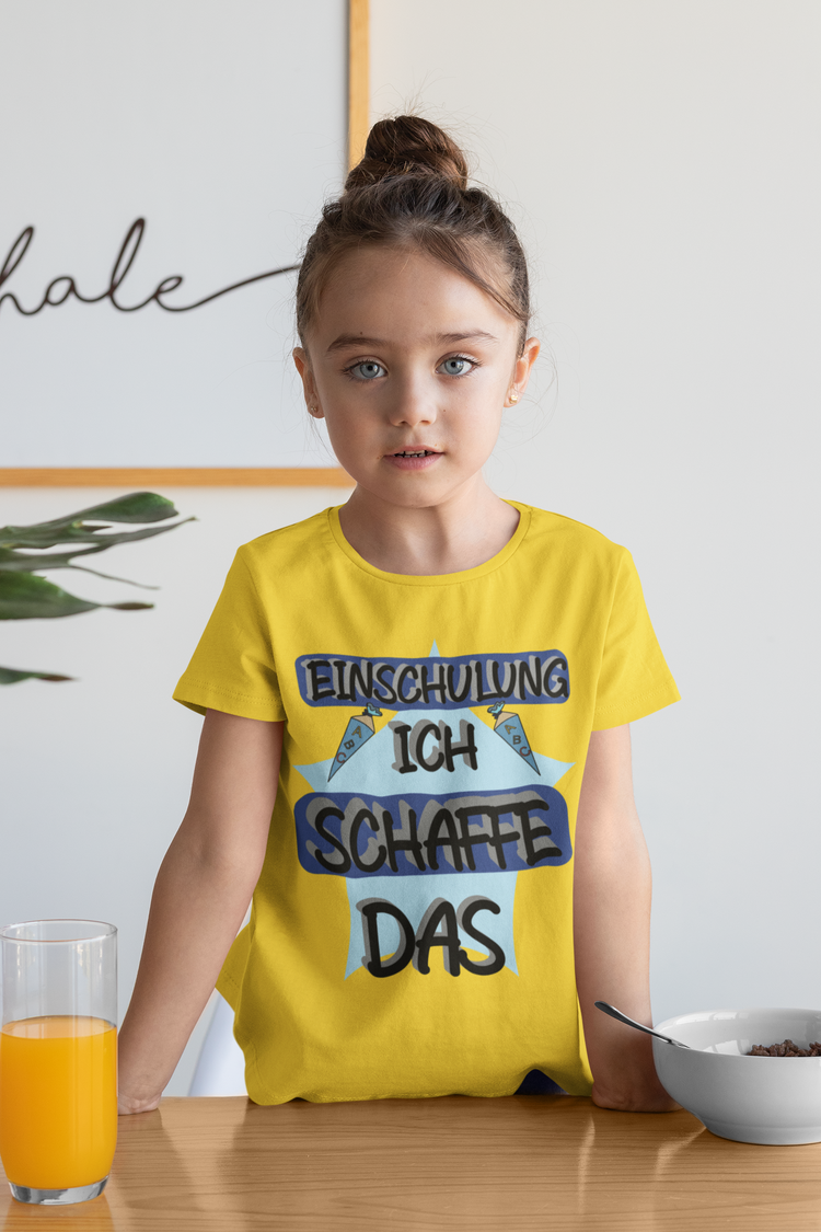 Shirt, Hoodies & Co mit dem Aufdruck - EINSCHULUNG ICG SCHAFFE DAS schwarze Schrift mit kleinen Schultüten und Stern