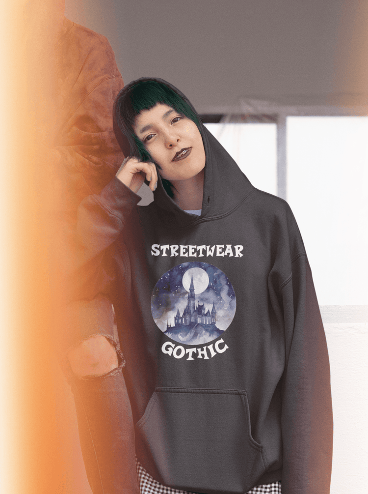 Gothic Streetwear Fashion Hoody mit Schloß Print bei Vollmond weiße Schrift