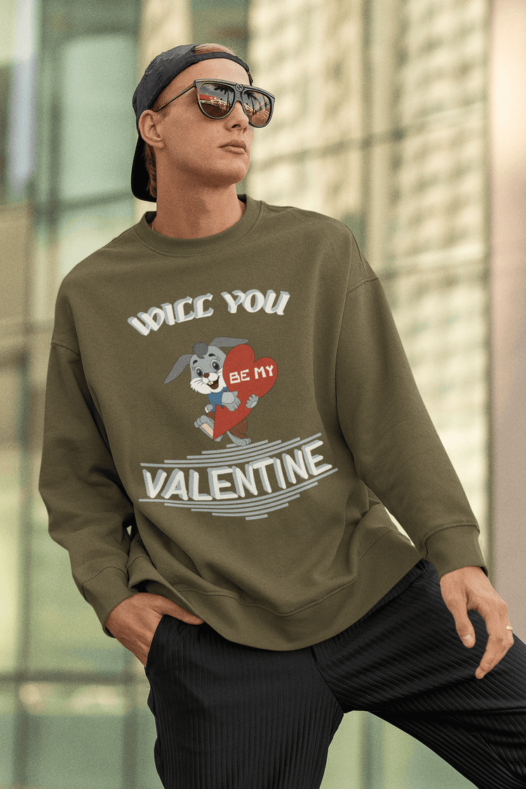 Shirt, Hoodies & Co mit dem Aufdruck - WILL YOU BE MY VALENTINE weiße Schrift und süßer Hase mit Herz