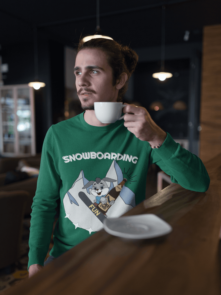 Shirt, Hoodies & Co mit dem Aufdruck - SNOWBOARDING Hase mit Bierflasche weiße Schrift