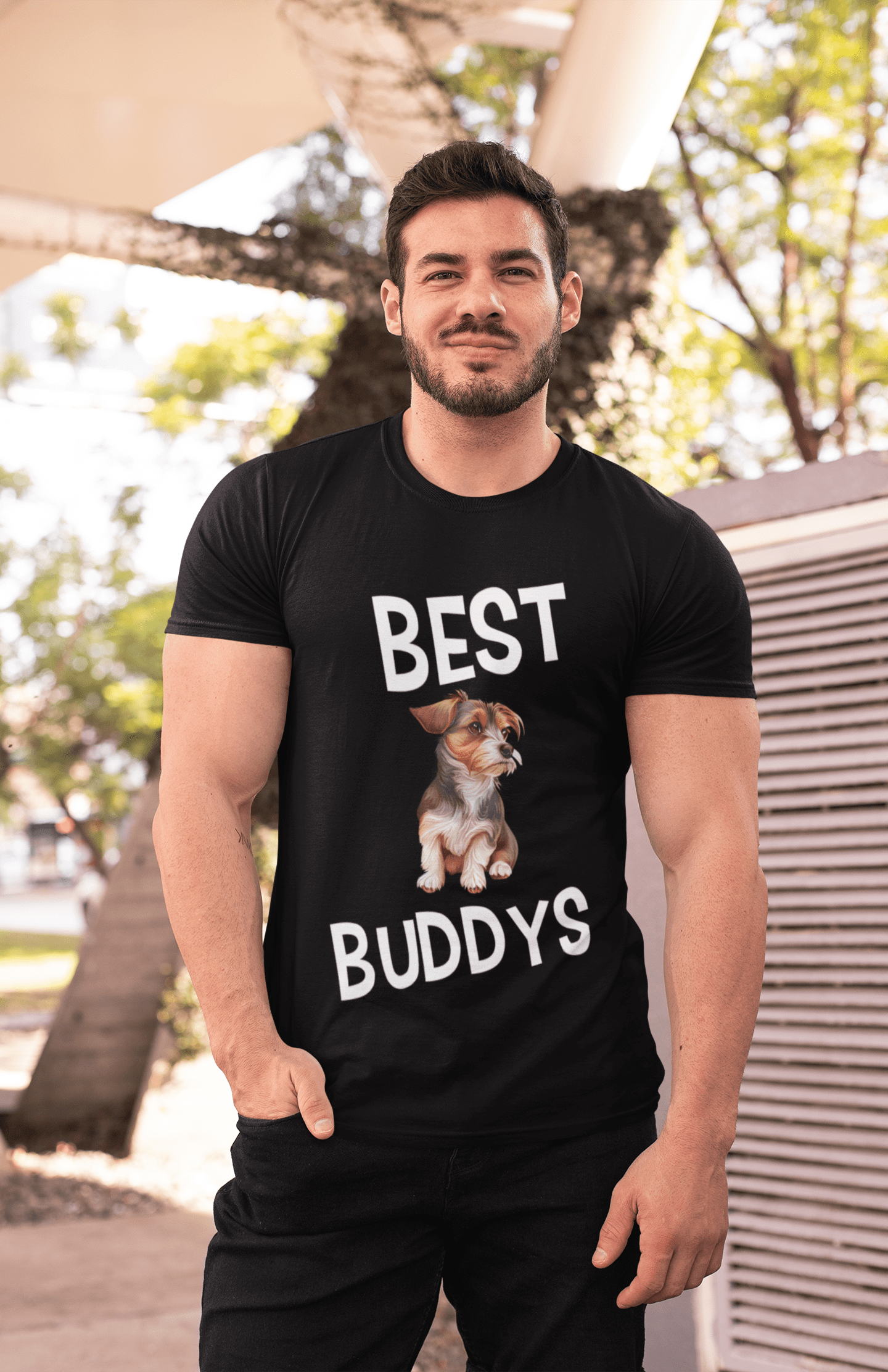 schwarzes shirt mit aufdruck best buddys und bild von einem süßen hund