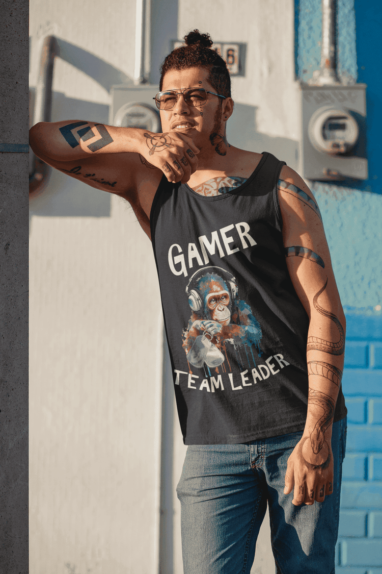 schwarzes tank top gamer team leader weiße schrift mit monkey print und kophörer