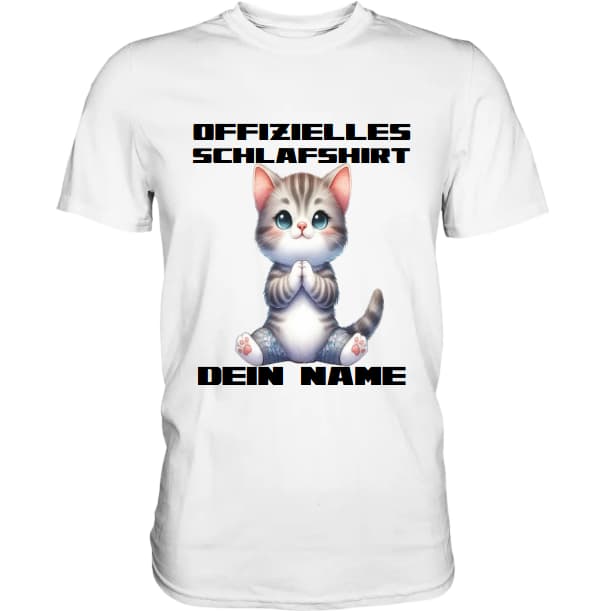 Personalisiertes Schlafshirt mit einer niedlichen Katze beim Yoga und dem Text 'OFFIZIELLES Schlafshirt von [Name]'.