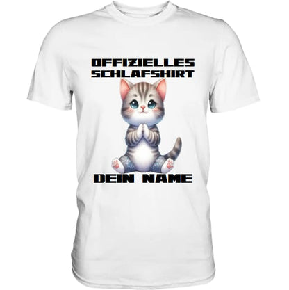 Personalisiertes Schlafshirt mit einer niedlichen Katze beim Yoga und dem Text 'OFFIZIELLES Schlafshirt von [Name]'.