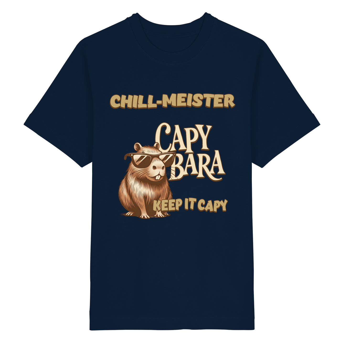 Nachhaltiges Capybara Shirt Bio – Vorder- und Rückseite bedruckt mit CHILL-MEISTER Motiv.