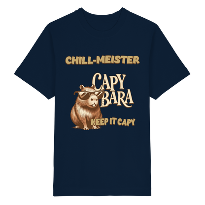 Nachhaltiges Capybara Shirt Bio – Vorder- und Rückseite bedruckt mit CHILL-MEISTER Motiv.