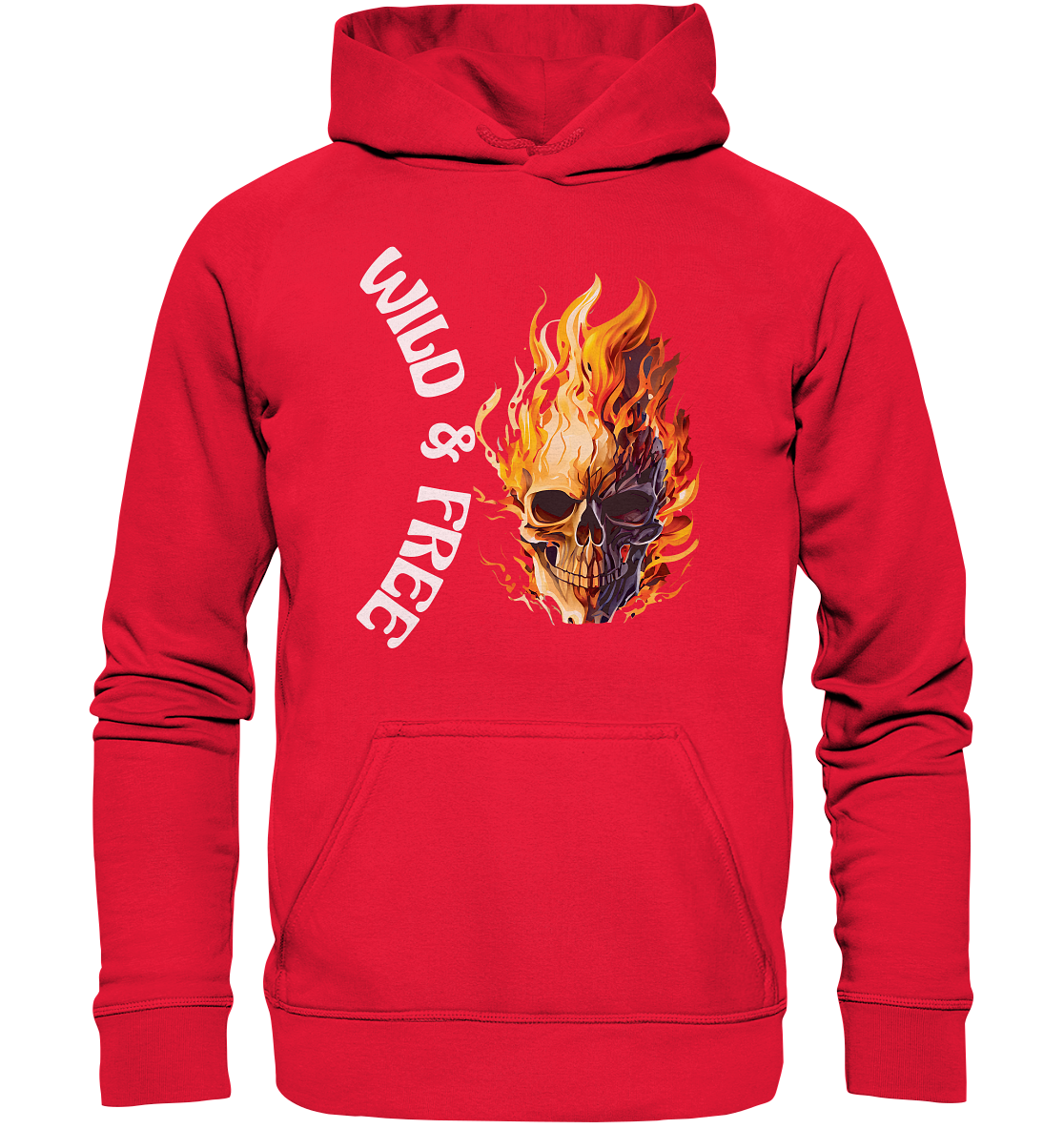 Kids Premium Hoodie in Rot mit coolem Rocker-Motiv: Brennender Totenkopf und weiße Schrift.