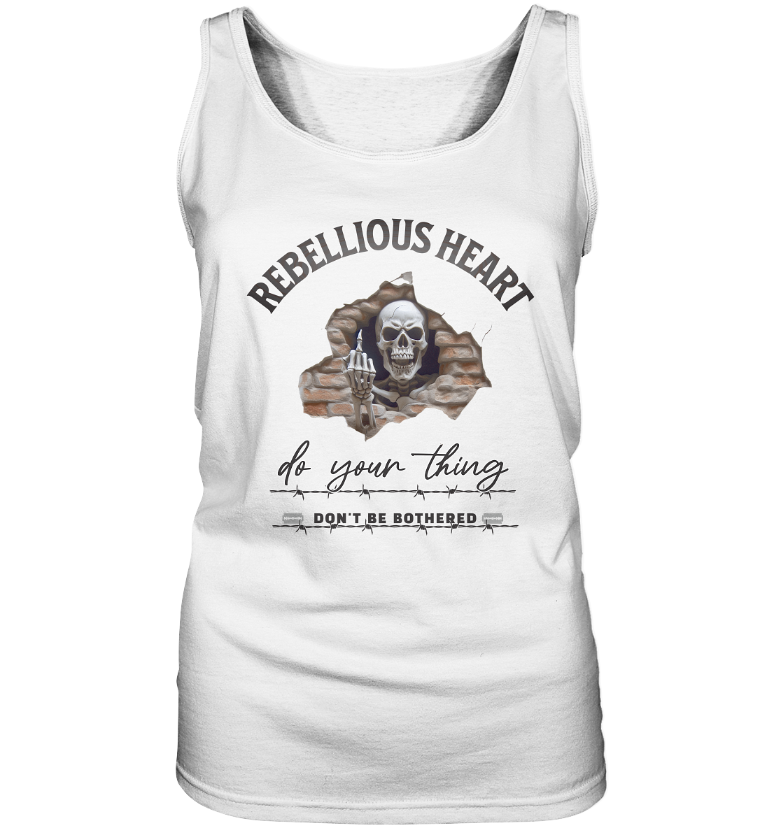 Weißes Damen Tanktop mit Rebellious Heart Brustprint. Provokantes Skelett-Design für einen rebellischen Look.