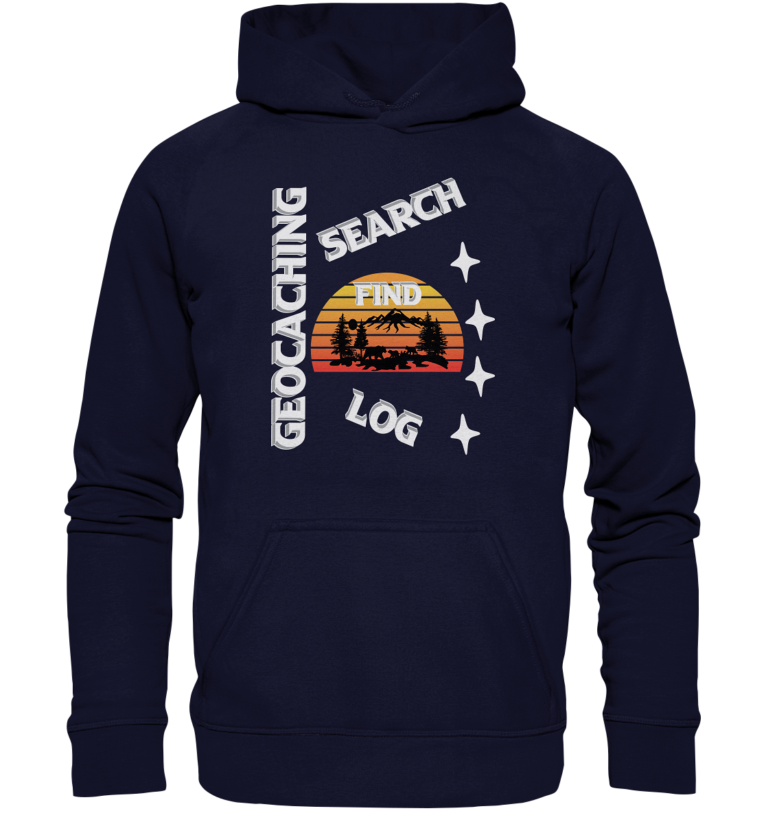 Geocaching-SEARCH-FIND-LOG, Cache Helles Design, Mounten - Basic Unisex Hoodie XL