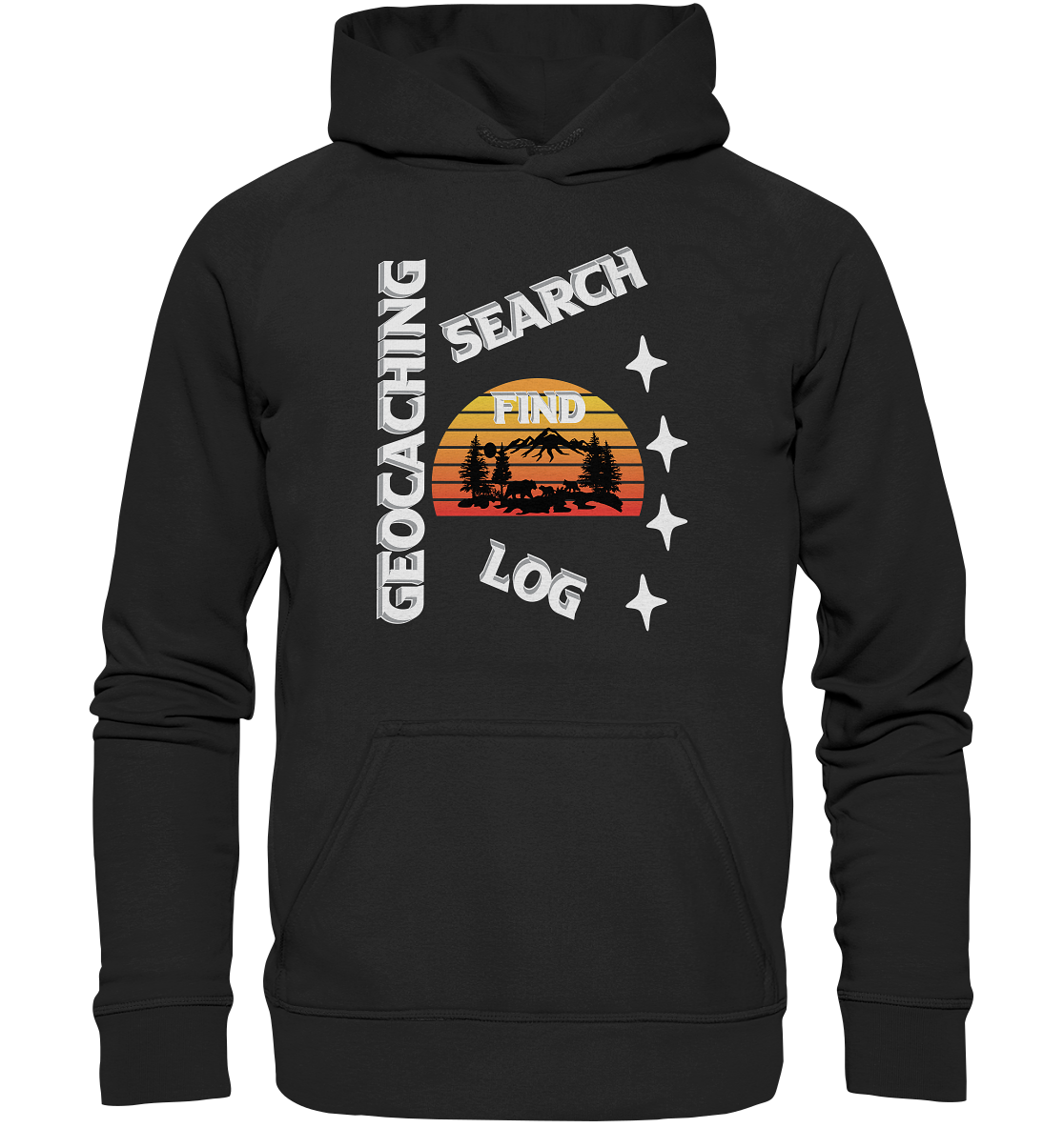 Geocaching-SEARCH-FIND-LOG, Cache Helles Design, Mounten - Basic Unisex Hoodie XL