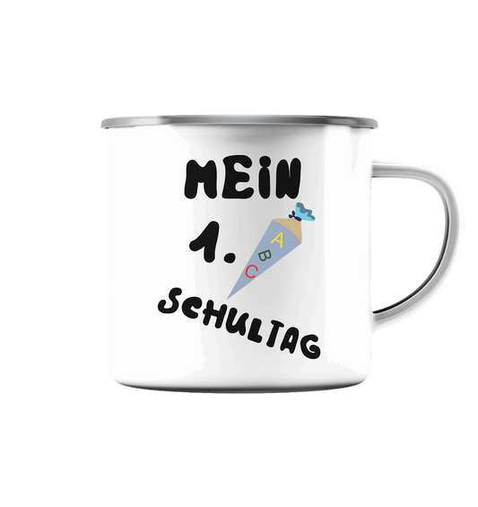 1. Schultag, Einschulung, Zuckettüte - Emaille Tasse (Silber)