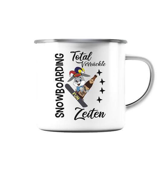 Snowboarding,verrückte Zeiten, Osterhase mit Bierflasche, Faschingsmütze - Emaille Tasse (Silber)