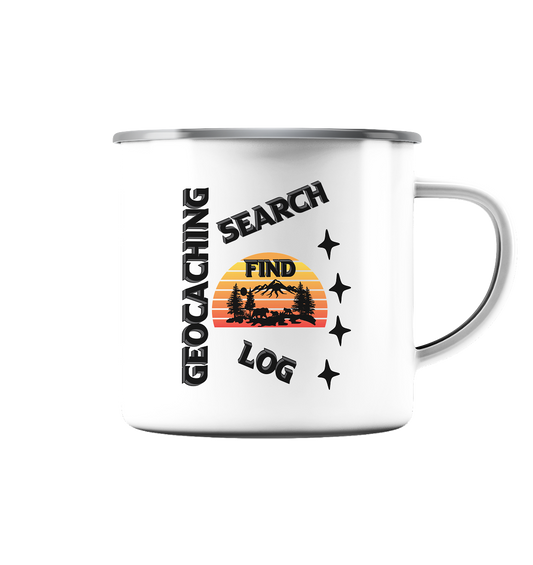 Geocaching, Suchen, Finden und Log,  Geocache Schwarzes Design - Emaille Tasse (Silber)