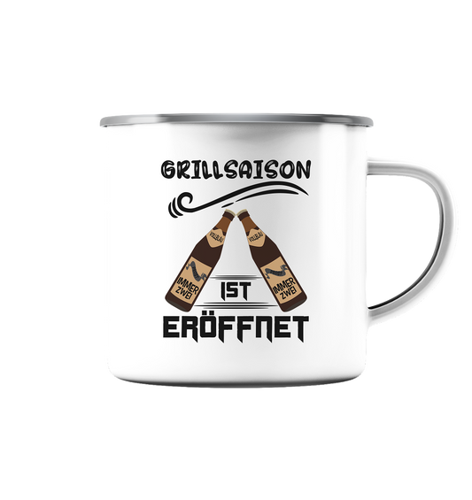 Grillsaison ist eröffnet, Grillen, Party, Feiern, Schwarzes Design - Emaille Tasse (Silber)