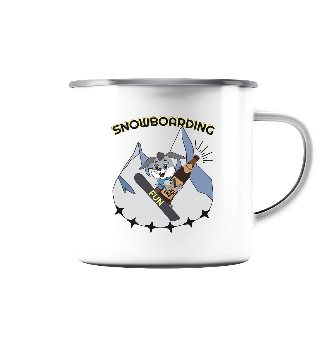 Snowboarding, Apres- Ski, Snowboard, Skihase und Bier - Emaille Tasse (Silber)