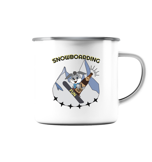 Snowboarding, Apres- Ski, Snowboard, Skihase und Bier - Emaille Tasse (Silber)