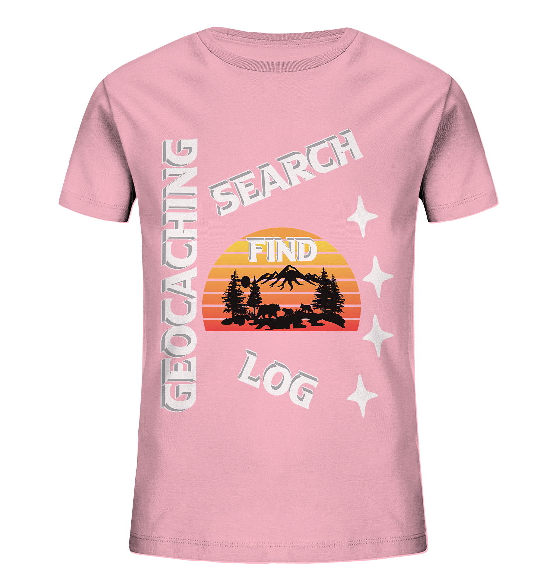 Geocaching-SEARCH-FIND-LOG, Cache Helles Design, Mounten - Kids Organic Shirt