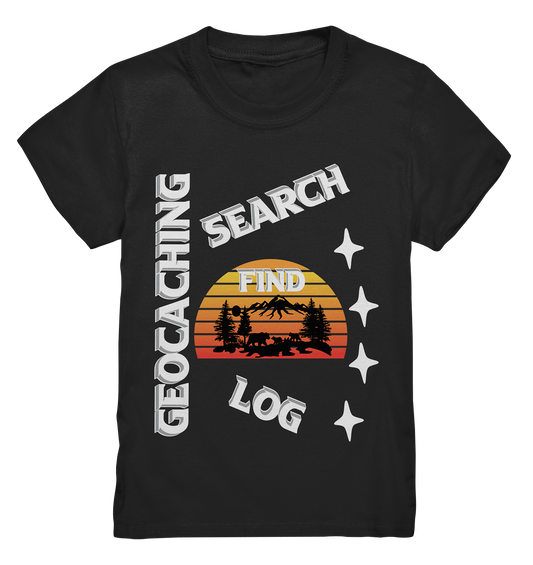 Geocaching-SEARCH-FIND-LOG, Cache Helles Design, Mounten - Kids Premium Shirt