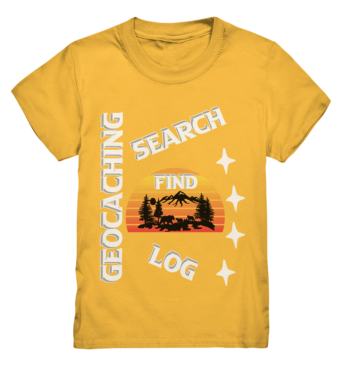 Geocaching-SEARCH-FIND-LOG, Cache Helles Design, Mounten - Kids Premium Shirt