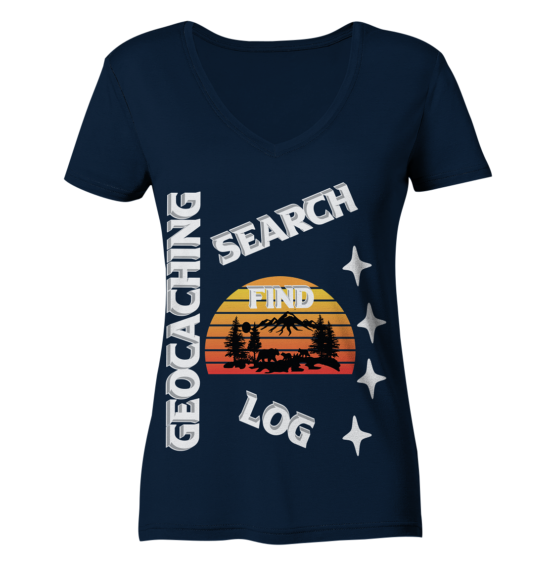 Geocaching-SEARCH-FIND-LOG, Cache Helles Design, Mounten - Ladies Organic V-Neck Shirt