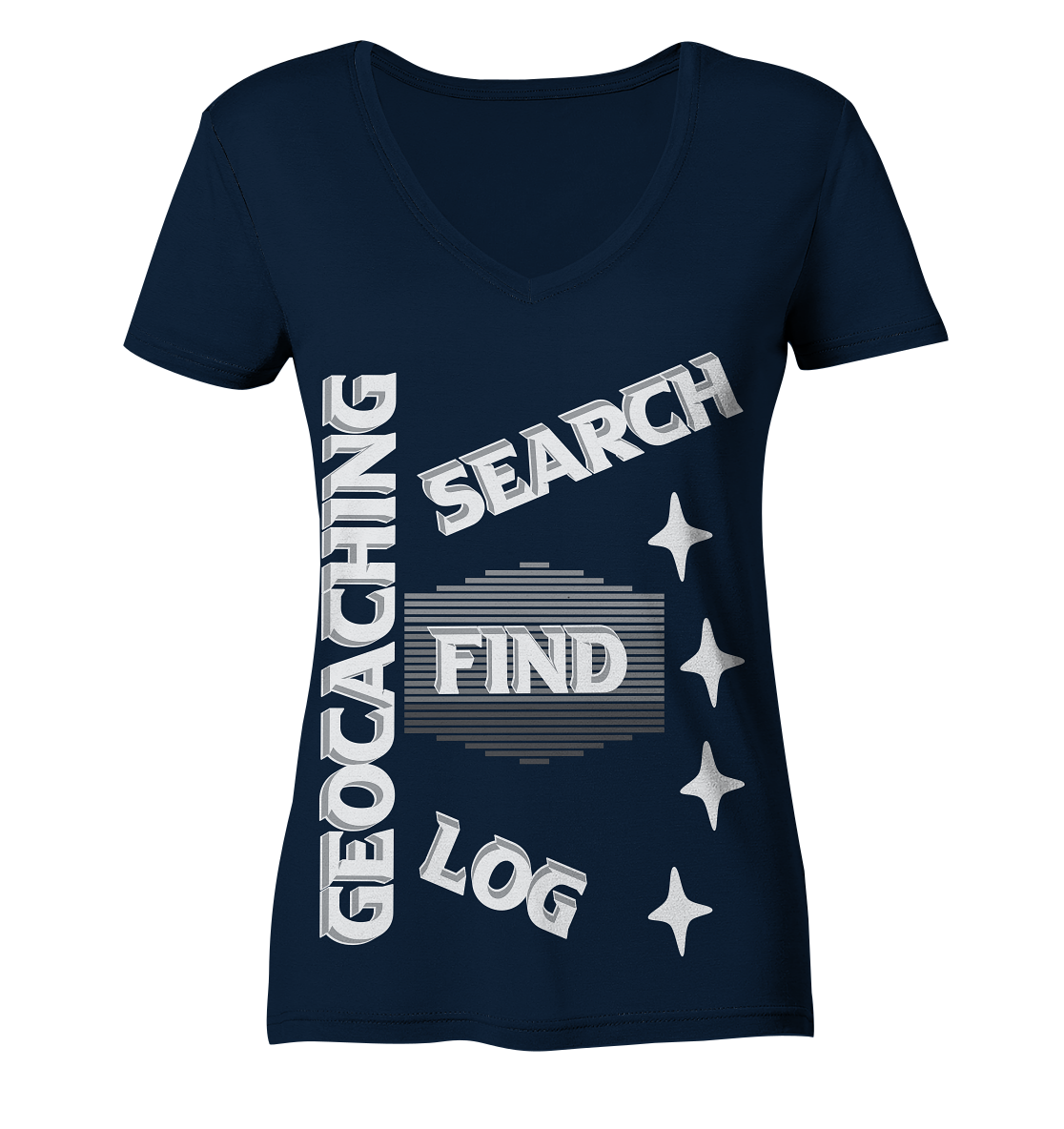 Geocaching-SEARCH-FIND-LOG, Cache Helles Disign Sterne - Ladies Organic V-Neck Shirt