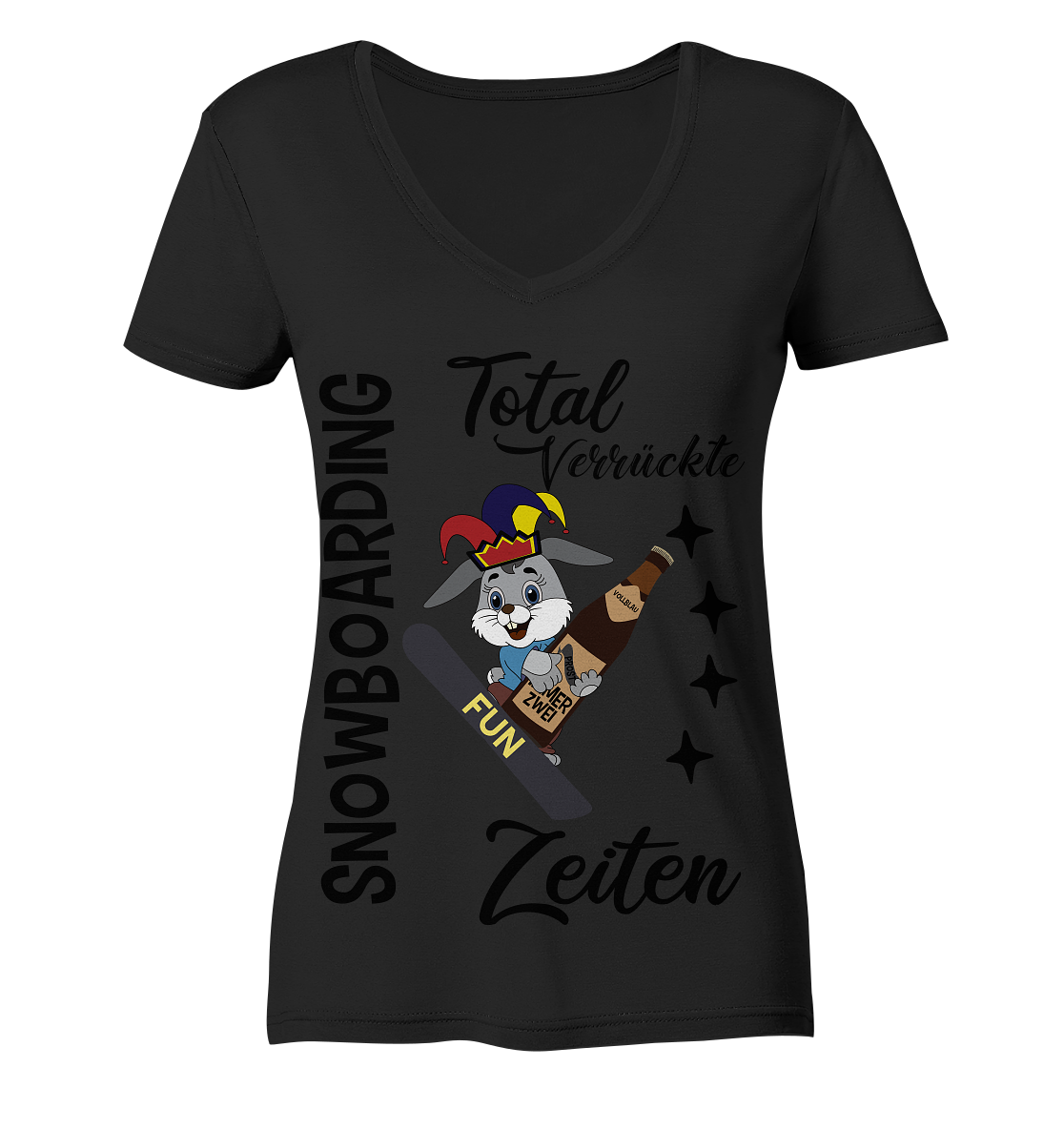 Snowboarding,verrückte Zeiten, Osterhase mit Bierflasche, Faschingsmütze - Ladies Organic V-Neck Shirt