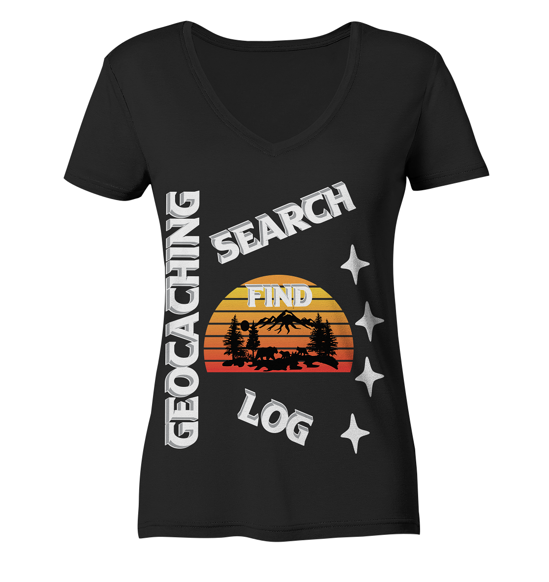 Geocaching-SEARCH-FIND-LOG, Cache Helles Design, Mounten - Ladies Organic V-Neck Shirt