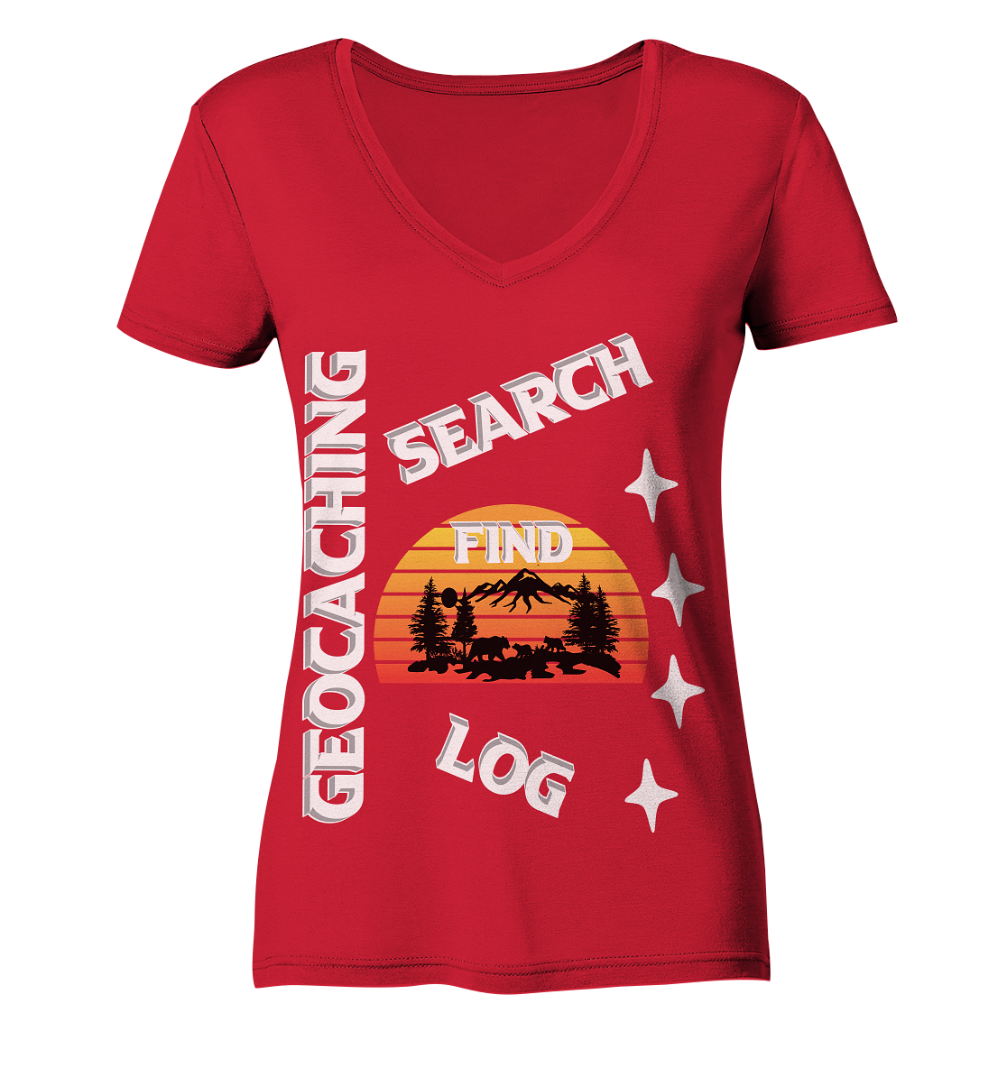 Geocaching-SEARCH-FIND-LOG, Cache Helles Design, Mounten - Ladies Organic V-Neck Shirt