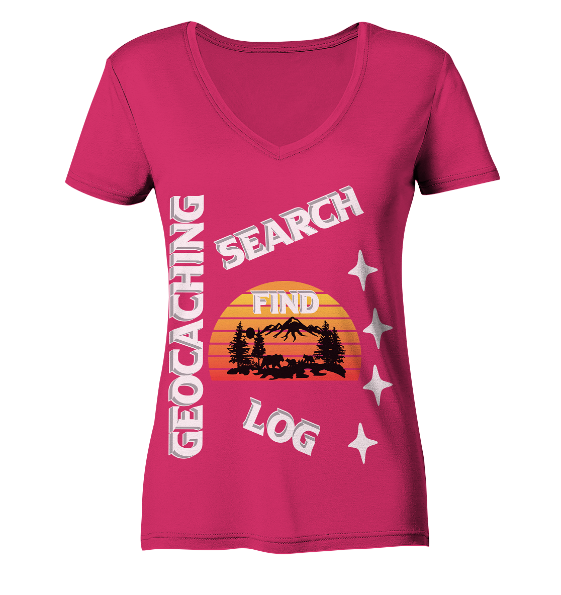 Geocaching-SEARCH-FIND-LOG, Cache Helles Design, Mounten - Ladies Organic V-Neck Shirt