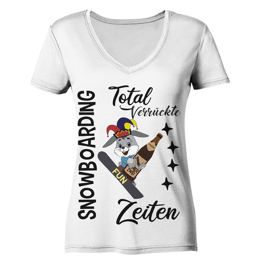 Snowboarding,verrückte Zeiten, Osterhase mit Bierflasche, Faschingsmütze - Ladies Organic V-Neck Shirt