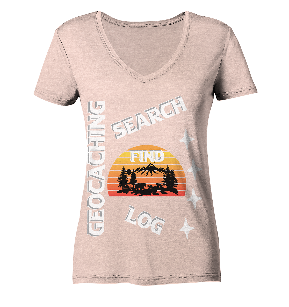 Geocaching-SEARCH-FIND-LOG, Cache Helles Design, Mounten - Ladies Organic V-Neck Shirt