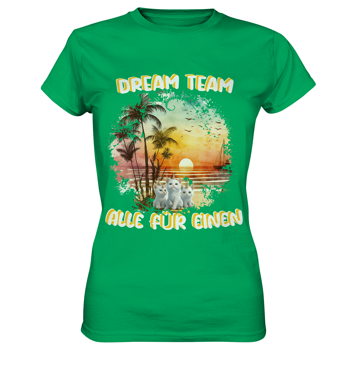 Ladies Premium Shirt - DREAM TEAM ALLE FÜR EINEN weiße Schrift mit Sonnenuntergang am Meer und 3 Einhorn-Kätzchen