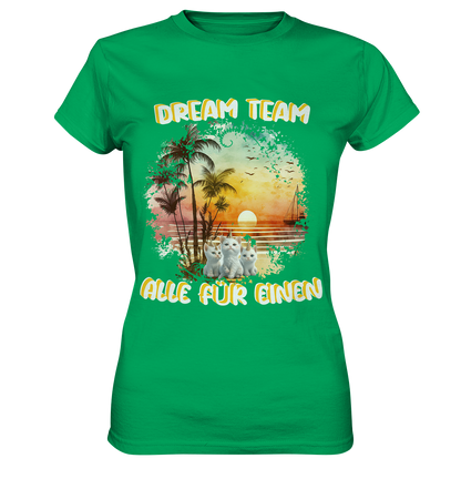 Ladies Premium Shirt - DREAM TEAM ALLE FÜR EINEN weiße Schrift mit Sonnenuntergang am Meer und 3 Einhorn-Kätzchen