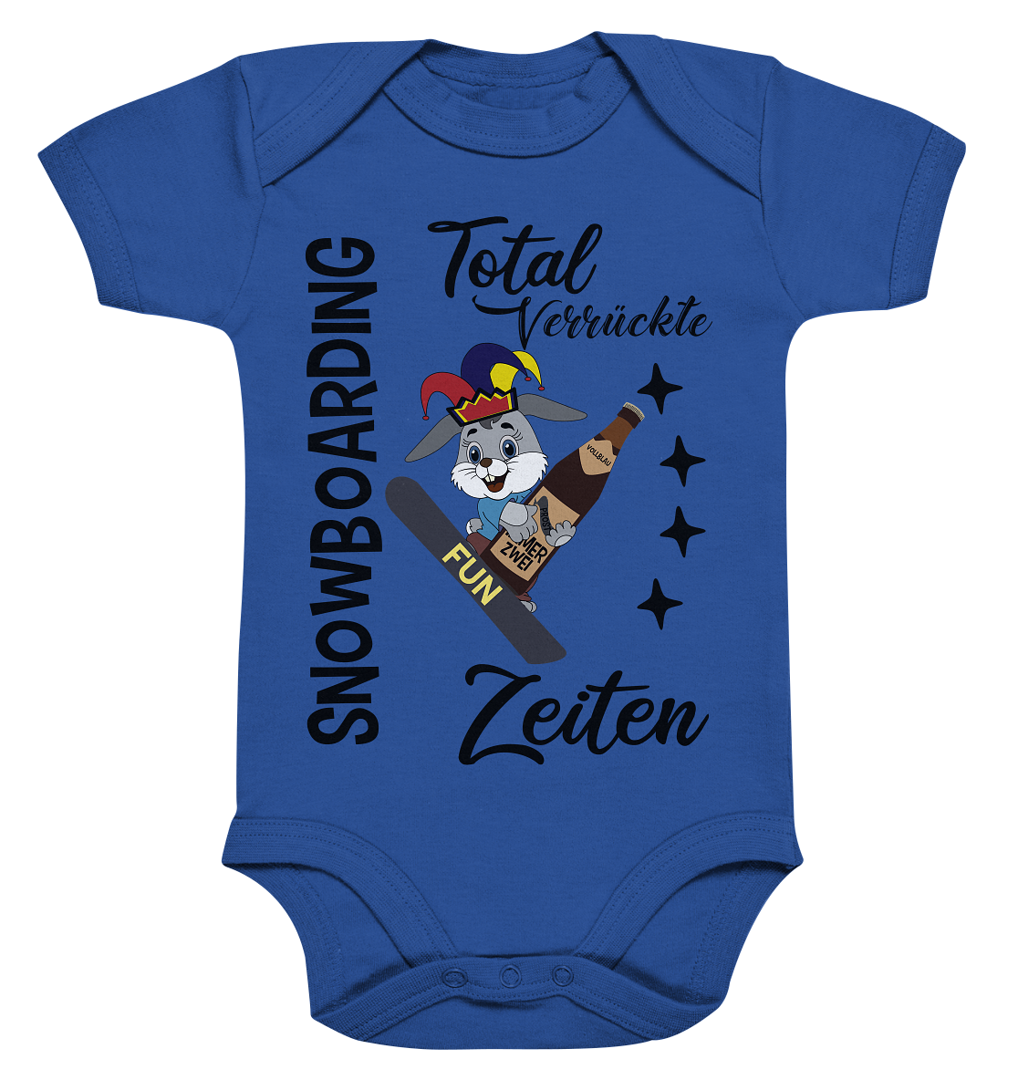 Snowboarding,verrückte Zeiten, Osterhase mit Bierflasche, Faschingsmütze - Organic Baby Bodysuite