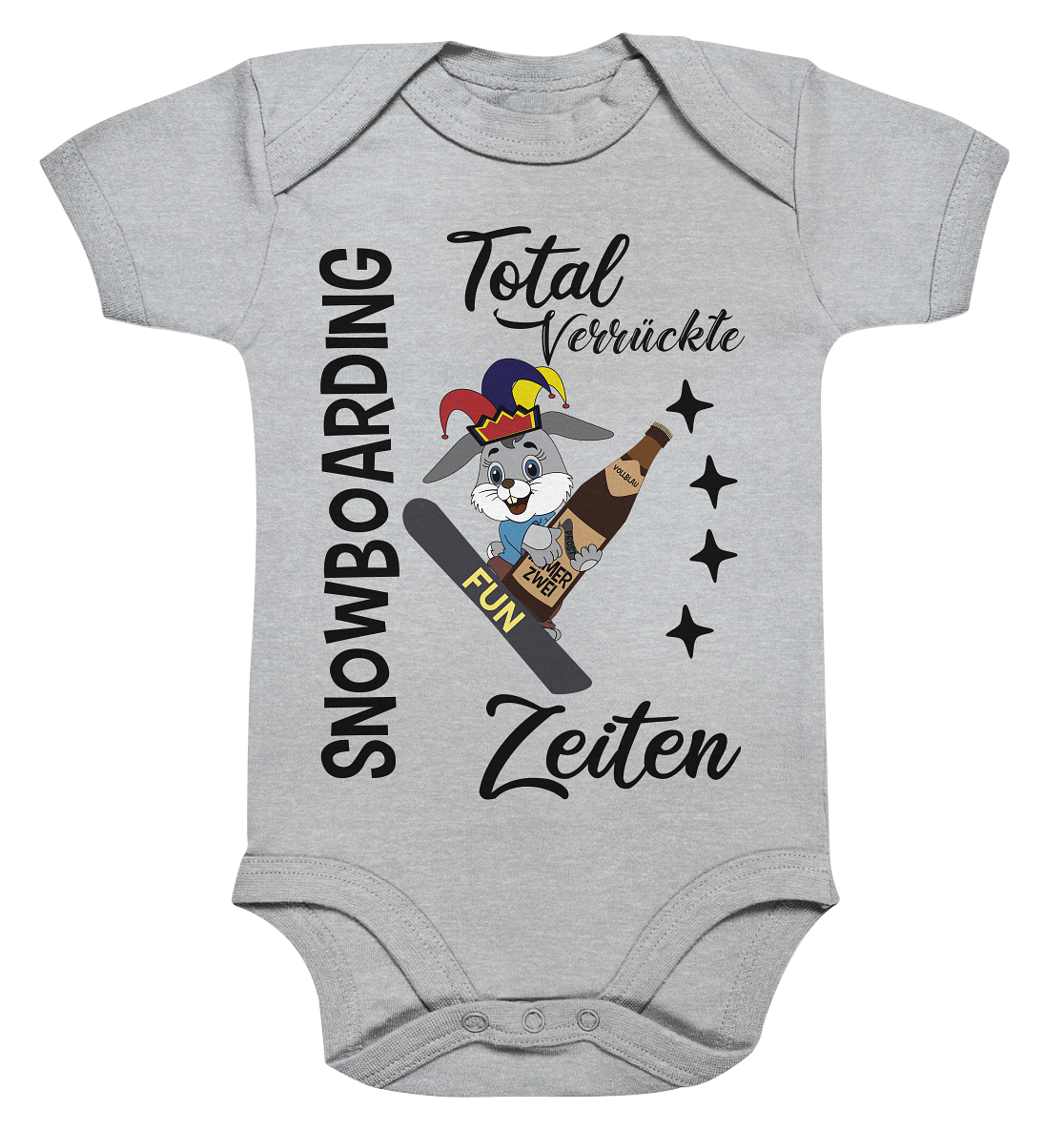 Snowboarding,verrückte Zeiten, Osterhase mit Bierflasche, Faschingsmütze - Organic Baby Bodysuite